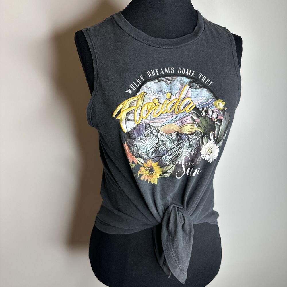 Bershka Florida Graphic Muscle Tank Top Small Charcoal Gray Tie Front Cropped
